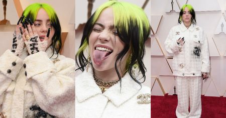 Oscary 2020. Elegancka Billie Eilish wytyka język, prezentując pokaźnych rozmiarów czarne paznokcie (ZDJĘCIA)