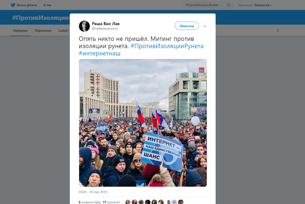 Wielki protest w Moskwie. Rosjanie przeciwko odłączeniu od internetu