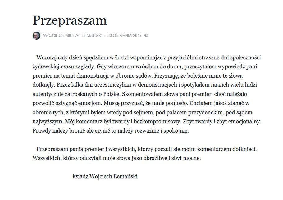 Wpis z przeprosinami księdza Lemańskiego. 