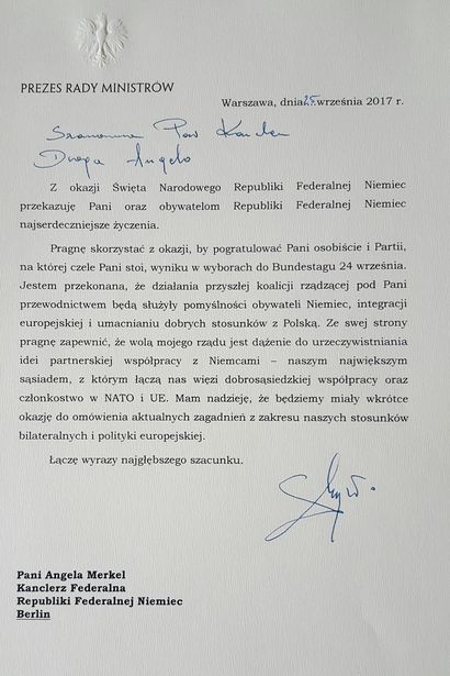 Zdjęcie oficjalnej depeszy premier Beaty Szydło do Angeli Merkel. 