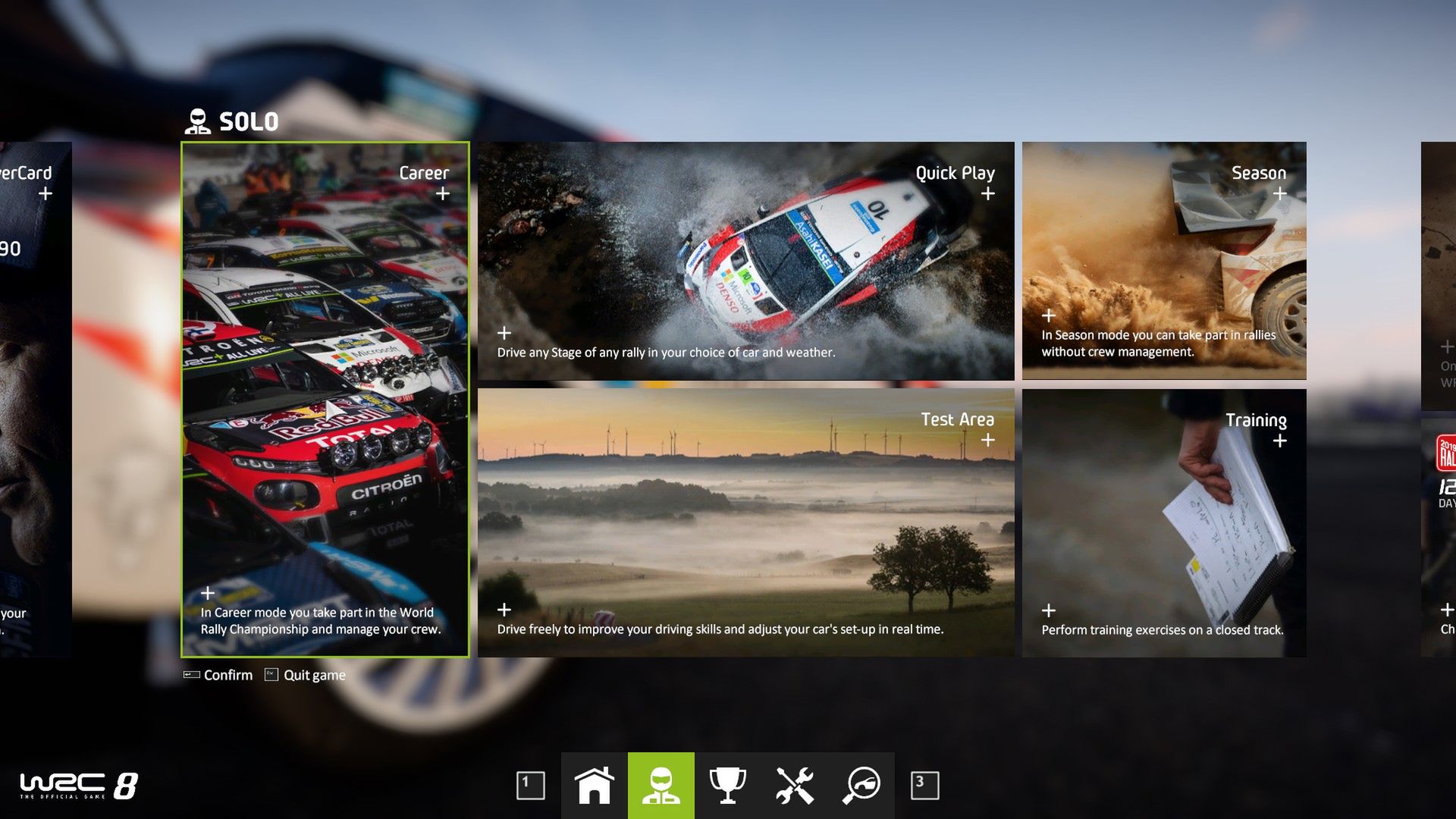 WRC 8 i memu trybów solowych, jest co robić. Aż 5 opcji do wyboru, a jeszcze zostają warianty multiplayer. 