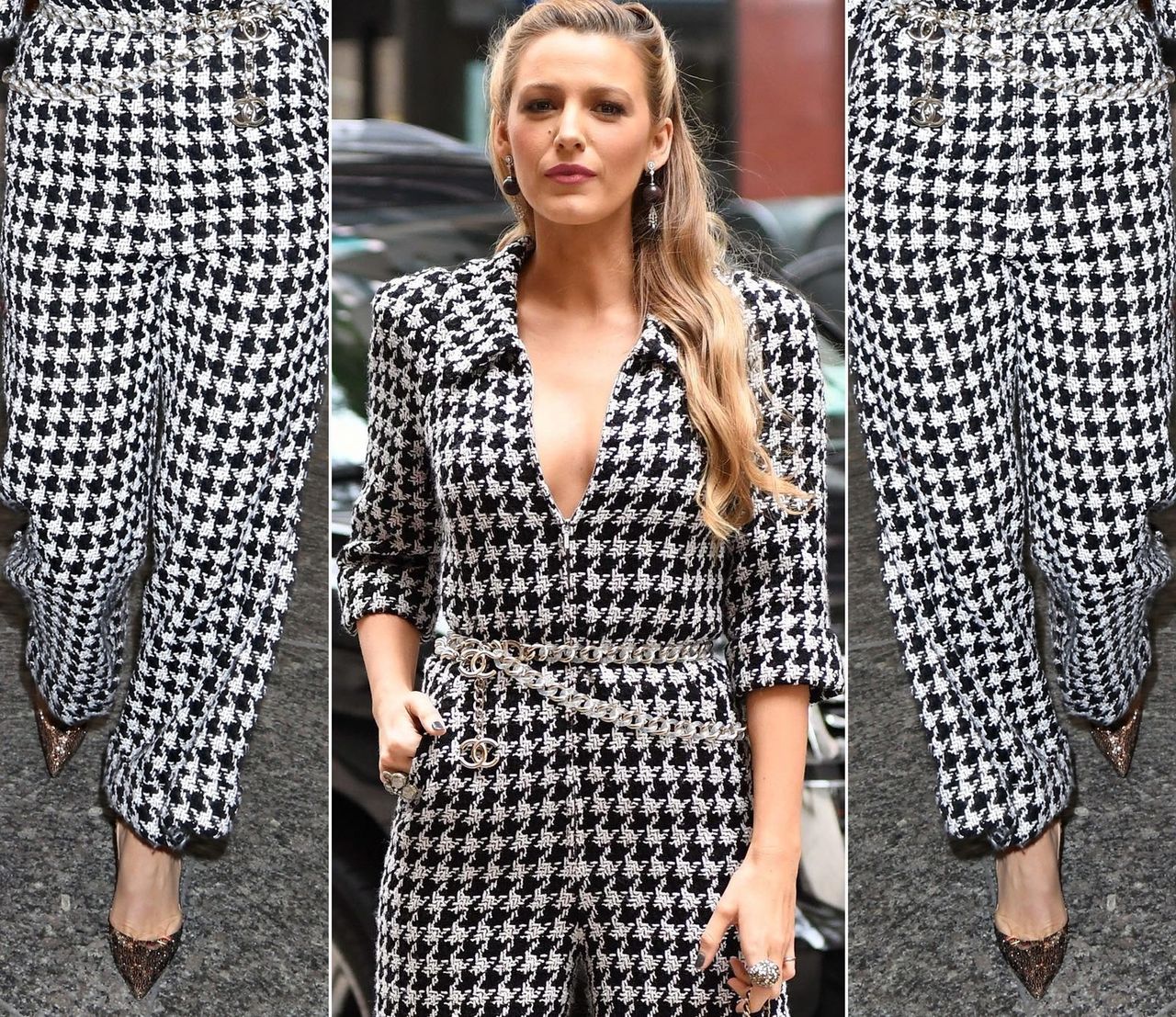 LOOK OF THE DAY: Blake Lively w kombinezonie w pepitkę gra w kości