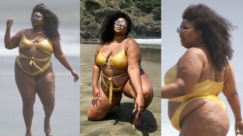 Wyzwolona Lizzo dumnie prezentuje krągłości w złotym bikini na nowozelandzkiej plaży (FOTO)