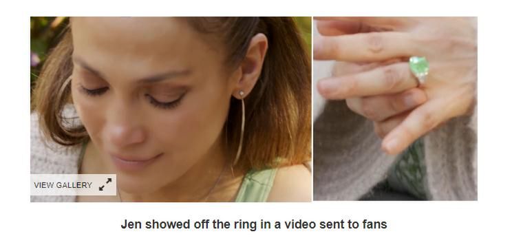 Pierścionek zaręczynowy Jennifer Lopez. Skrin ze strony Hello Magazine