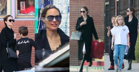 Angelina Jolie kryje się za ciemnymi okularami na zakupach z Vivienne, Knoxem i ochroniarzem