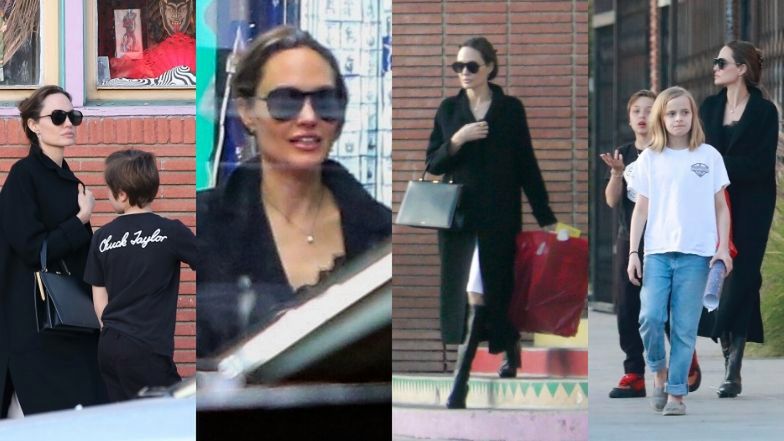 Angelina Jolie kryje się za ciemnymi okularami na zakupach z Vivienne, Knoxem i ochroniarzem