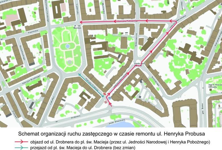 Zamknięcie ulicy Probusa: objazd w stronę Nadodrza będzie odbywał się ulicami Jedności Narodowej i Henryka Pobożnego. 