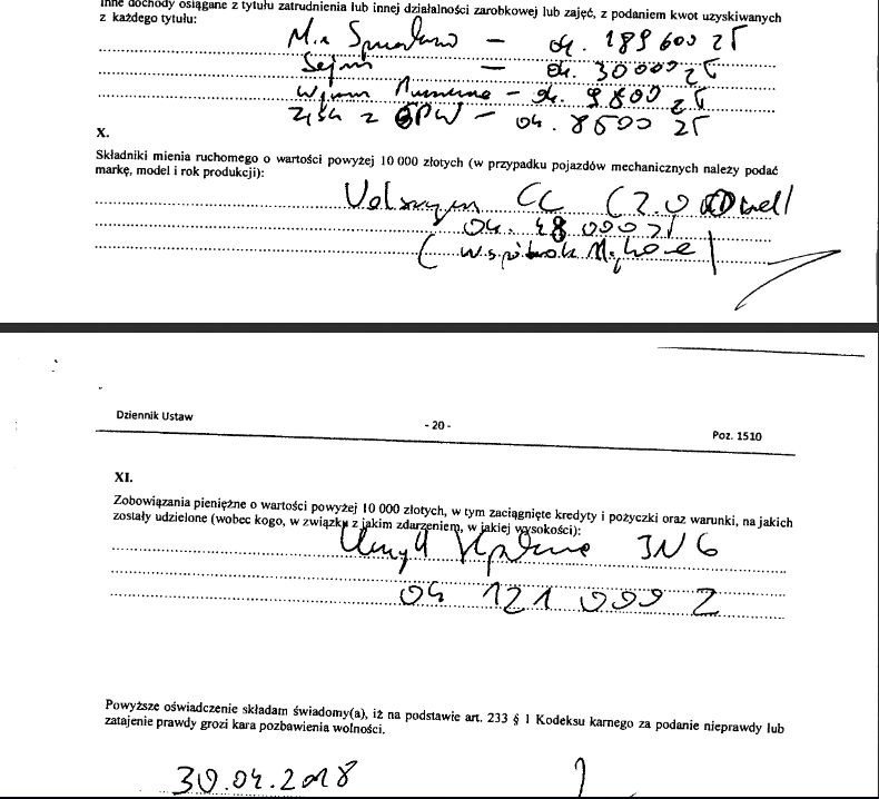 Fragment oświadczenia majątkowego Patryka Jakiego 