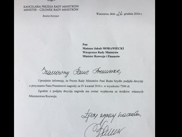 Pismo z KPRM w sprawie nagród 