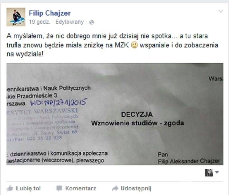 Filip Chajzer wraca na studia dziennikarskie