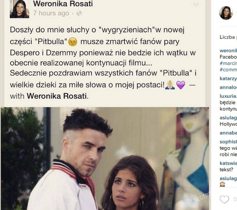 Weronika Rosati skomentowała doniesienia prasy o zabraniu jej przez Annę Muchę z nowego "Pitbulla"