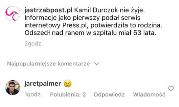 Bieniuk żegna Durczoka. Skrin z Instagrama