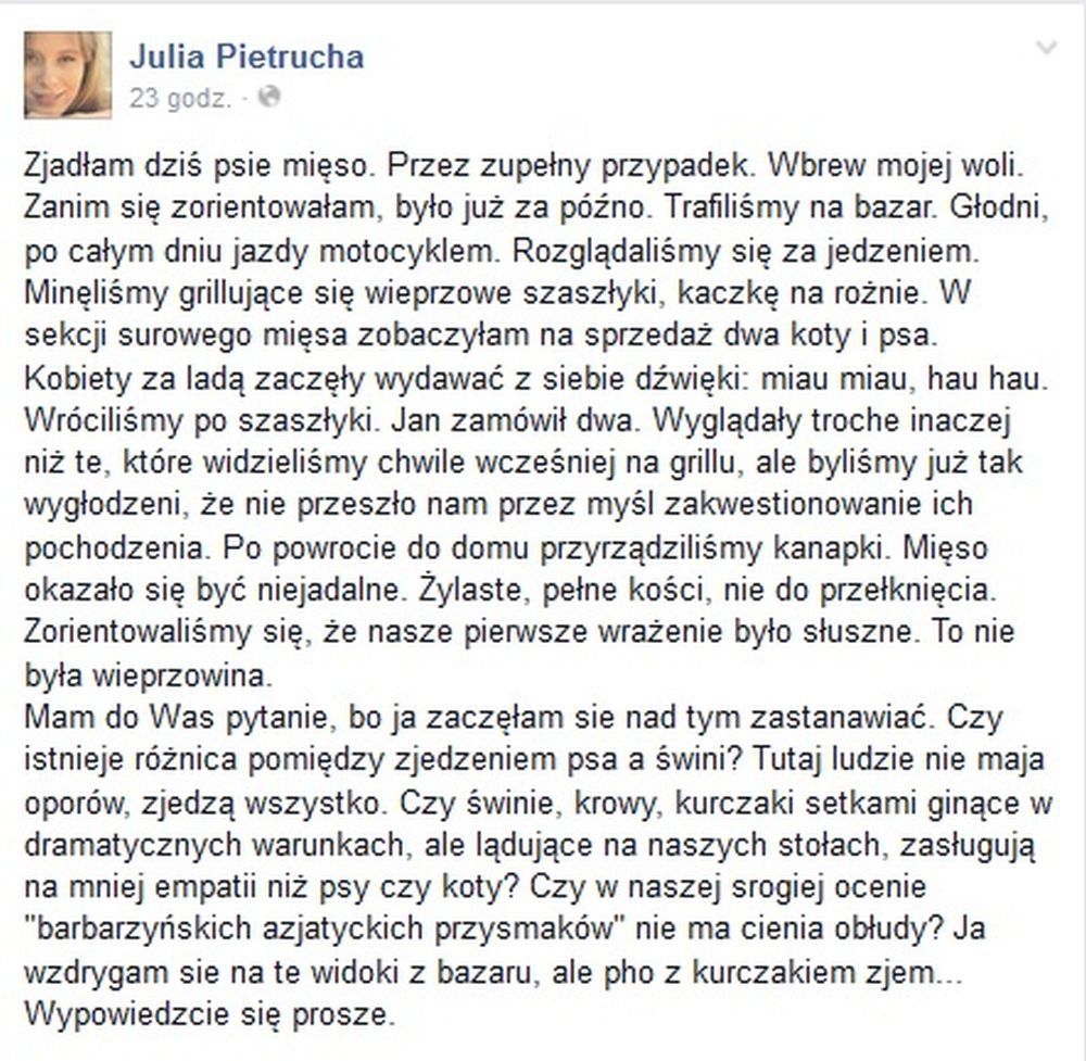 Julia Pietrucha zjadła mięso z psa

Fot. Facebook.pl