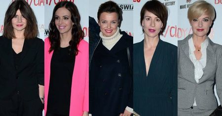 Anna Wendzikowska w różowych szpilkach, Maja Ostaszewska w zielonej sukience, Monika Zamachowska w szarym garniturze, a Małgośka Szumowska cała na czarno