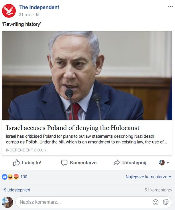 Post na Facebooku "The Independent" 