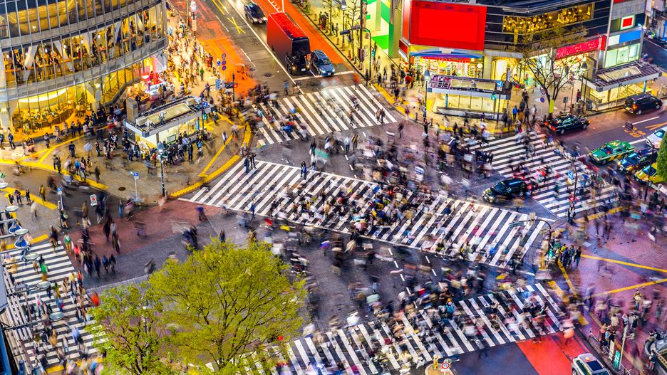 Tokyo, Japan view of Shibuya Crossing, one of the busiest crosswalks in the world.