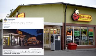 Koparka wjechała w sklep. Łyżka utknęła przy bankomacie