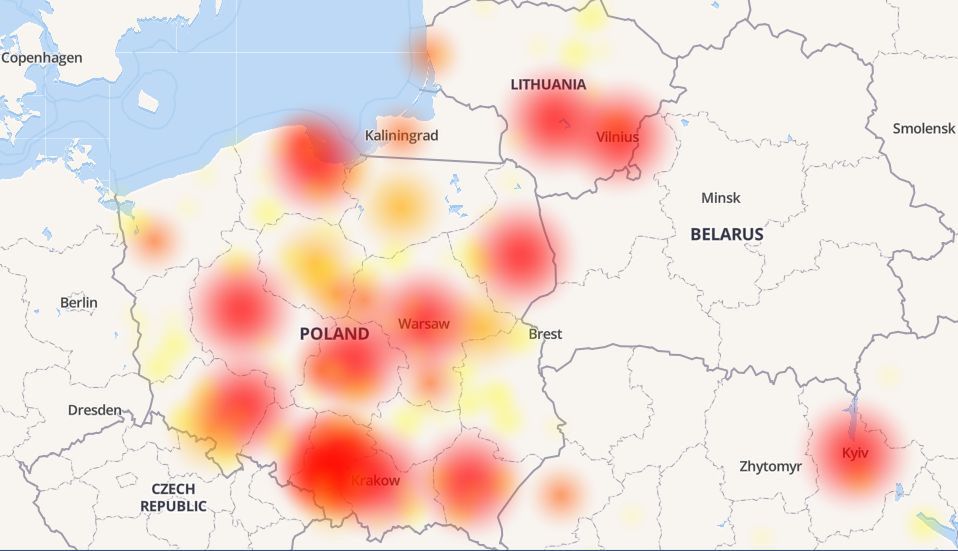 Awaria Facebooka na terenie Polski - na czerwono zaznaczono miejsca bez dostępu do serwisu 