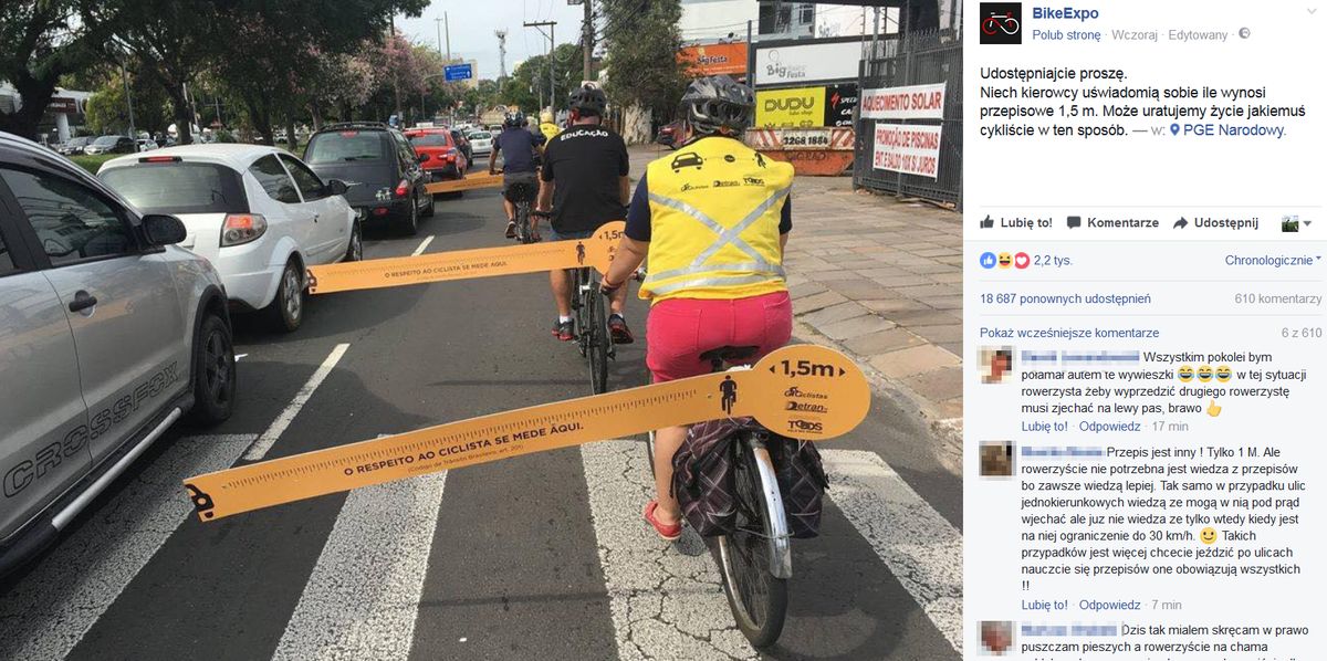 Rowerzyści w Hiszpanii przypominają jaka jest bezpieczna odległość od samochodu