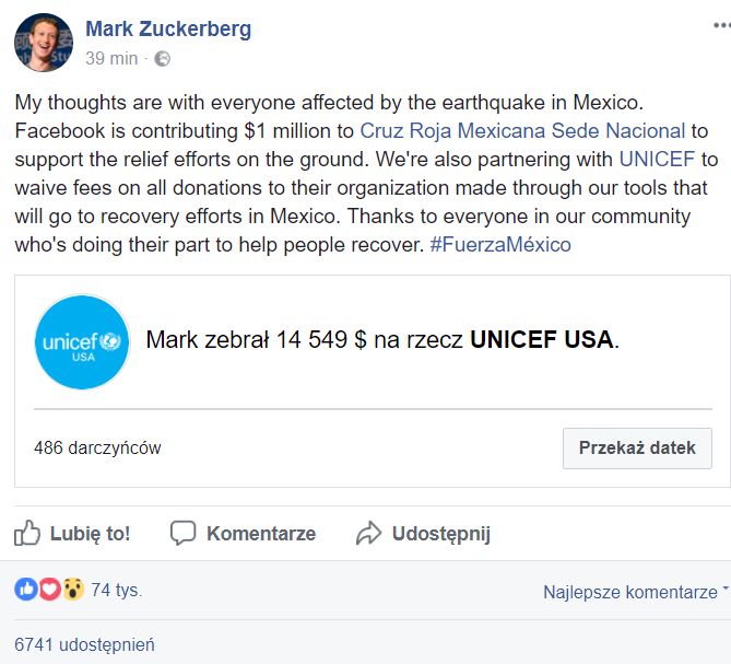 Facebook przekaże milion dolarów na pomoc ofiarom trzęsienia ziemi w Meksyku. Wspólnie z UNICEF organizują też zbiórkę pieniędzy