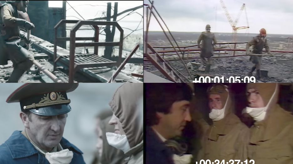 Po lewej: kadry z serialu "Czarnobyl". Po prawej: nagrania archiwalne