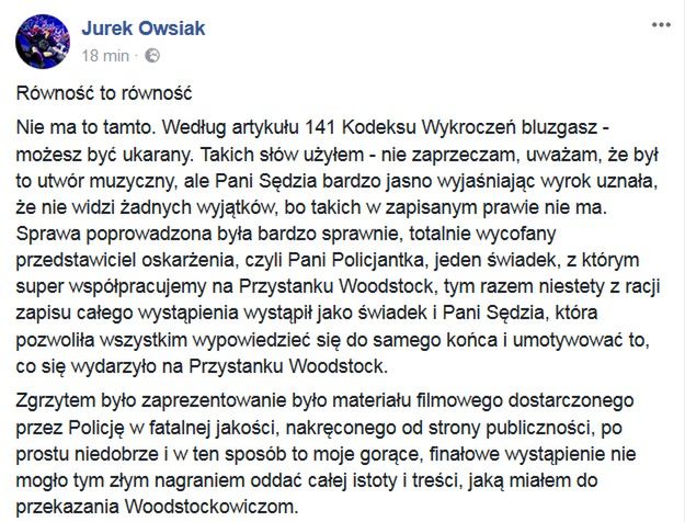 Screen fragmentu oświadczenia Jerzego Owsiaka 