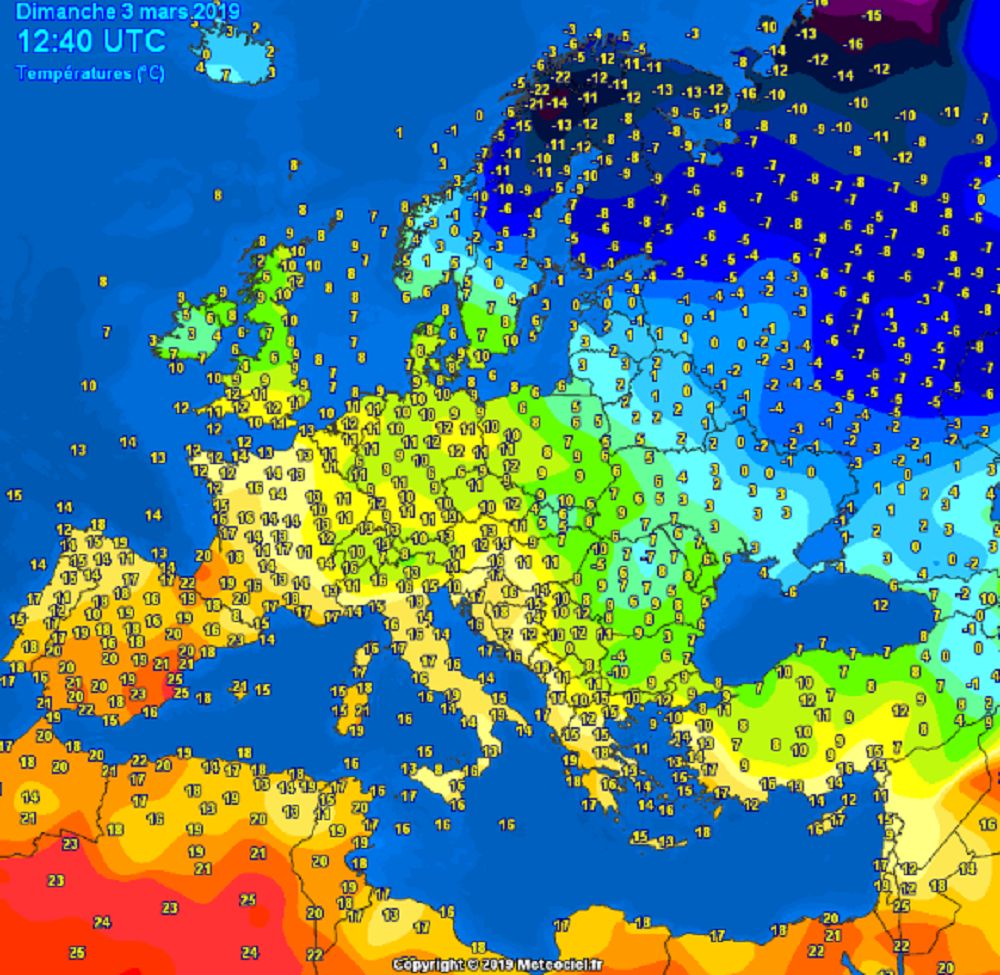 Temperatury w Europie w niedzielne popołudnie