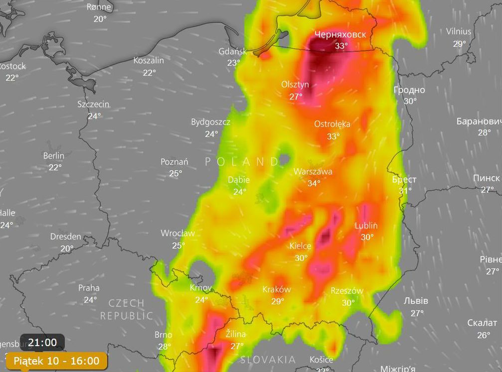 Piątkowa burza wywołana nadejście chłodnego frontu - według serwisu Windy.com 