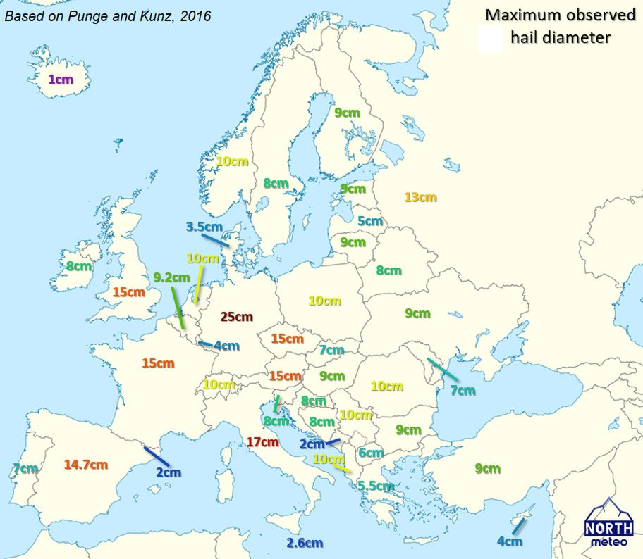 Największe kule gradowe znajdowane w Europie. 