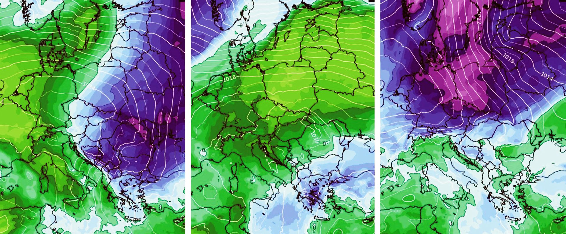Już w środę ociepli się na północnym zachodzie (zielony kolor po lewej), ale po kilku cieplejszych dniach w sobotę znów zrobi się chłodniej (fiolet po prawej)