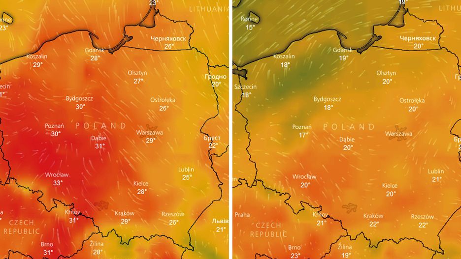 W weekend temperatura spadnie średnio o 10 st. C - po lewej prognozowane temperatury w czwartek, a po prawej w sobotę po południu