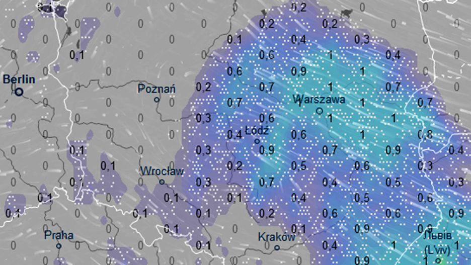W piątek przed południem strefa opadów obejmie już północną część Mazowsza