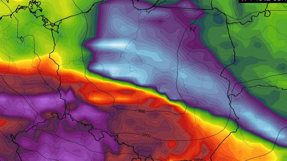 Niż Yulia niesie niebezpieczne wichury. Na mapie czerwonym i fioletowym kolorem oznaczono wiatr wiejący z prędkością 70-100 km/h