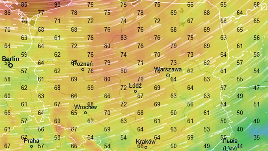 Najsilniej wiać będzie w piątek po południu na północy (nad samym morzem ponad 110 km/h)