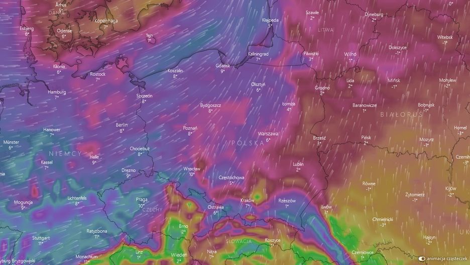 Mapa porywów wiatru nad Polską [stan 10.02]