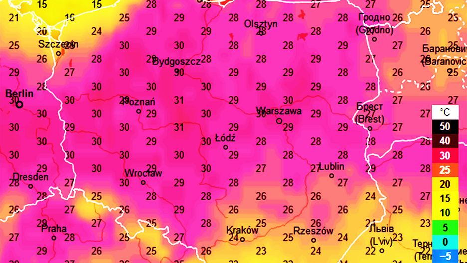 Pogoda. Aż purpurowo na mapach. Upał utrzyma się do późnego wieczora
