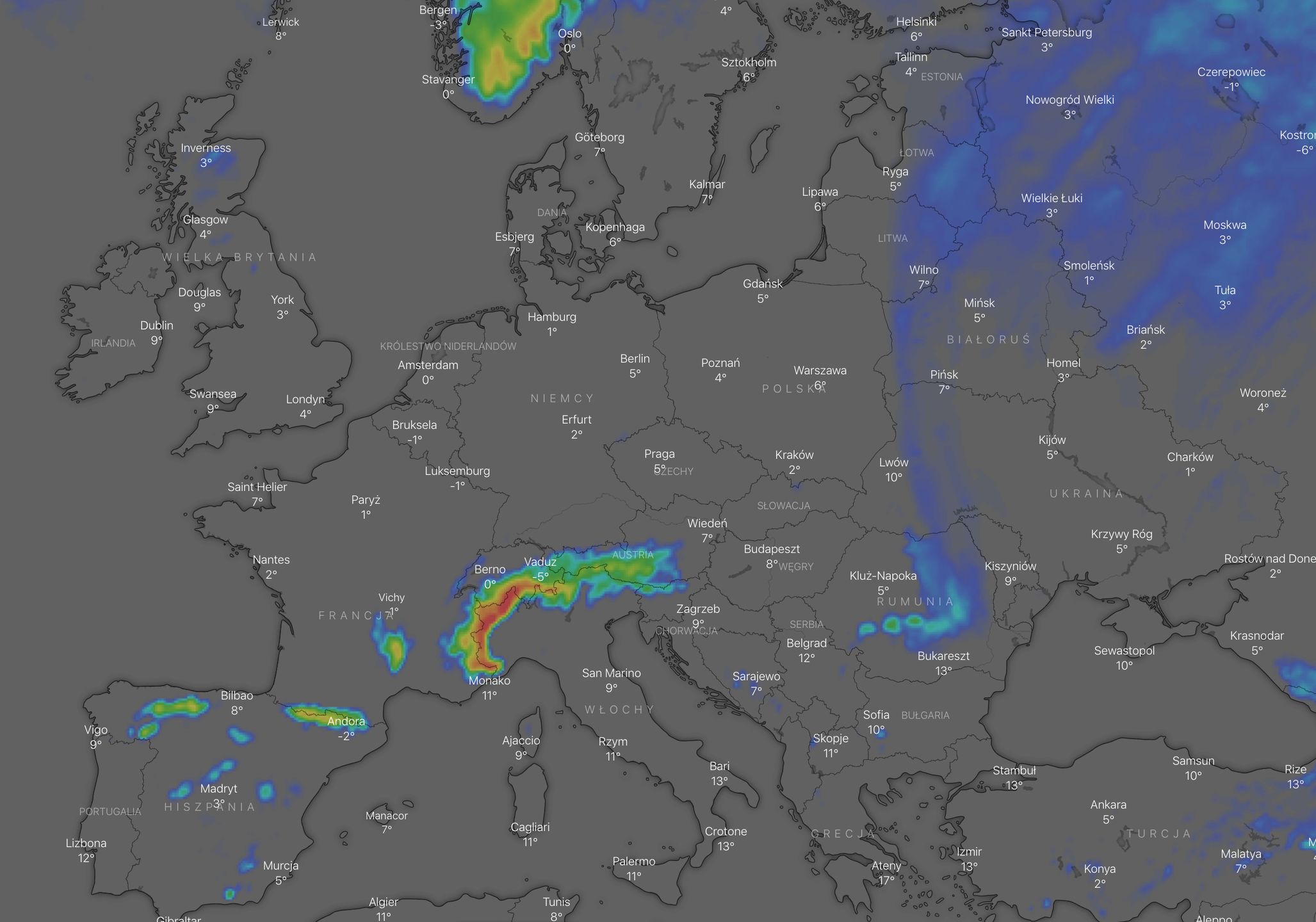 Prognoza opadów śniegu na najbliższe 3 dni (Windy.com) 