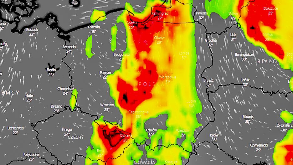 Pogoda. Burze po południu rozwiną się najpierw w środkowym pasie Polski (na czerwono strefa najsilniejszych wyładowań)