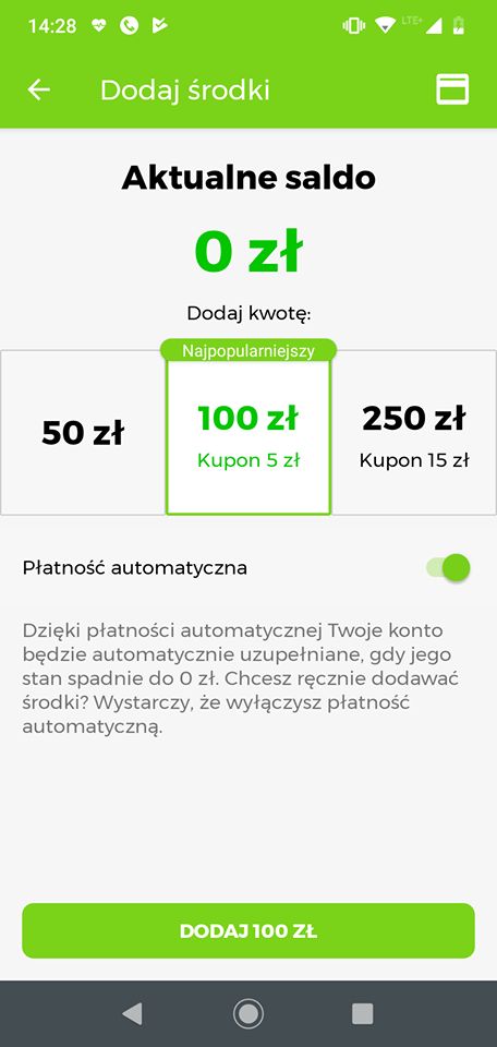 Aplikacja Lime z włączonymi płatnościami automatycznymi 