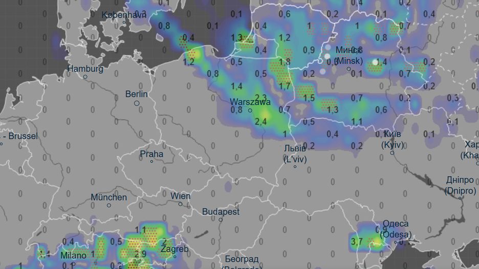 Pogoda na godz. 20. Prognozowane opady deszczu podane w mm