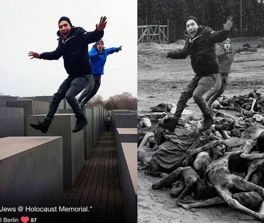 Yolocaust. Pozują przy Pomniku Pomordowanych Żydów Europy, on przerabia ich zdjęcia