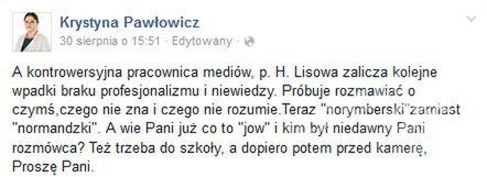 Krystyna Pawłowicz o Hannie Lis na Facebooku