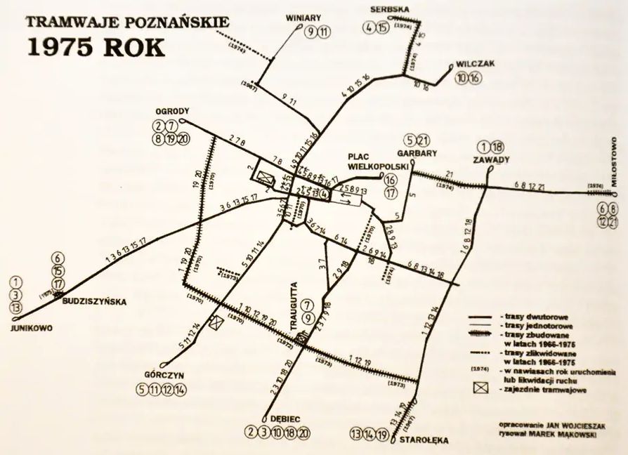 schemat sieci tramwajowej w Poznaniu w 1975 roku / MPK Poznań