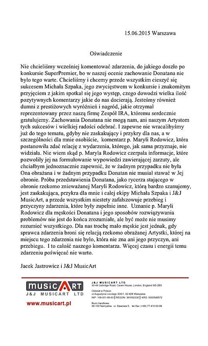 Oświadczenie Michała Szpaka w sprawie bójki z Donatanem