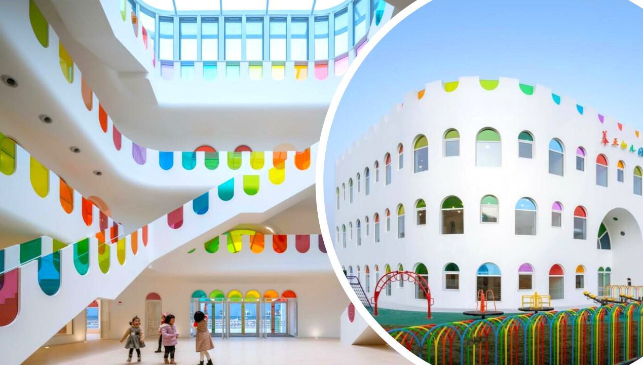 W przedszkolu zamontowano 483 kolorowych szkieł. W słoneczny dzień zamienia się w tęczę!