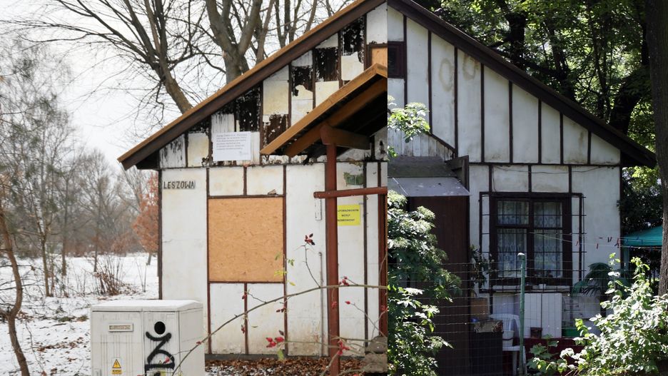 Niszczejący budynek znajduje się na warszawskim Polu Mokotowskim przy ul. Leszowej (po lewej - stan obecny, po prawej - w 2010 roku)