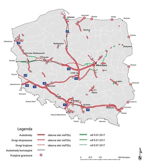 Mapa poszerzenia odcinków płatnych dróg w ramach viaTOLL od 9 lipca 2017 roku 