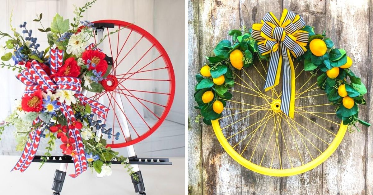 17 pomysłów na przeistoczenie starych kół rowerowych w wiosenne ozdoby. Alternatywa dla wieńców