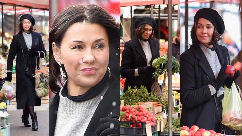Wystylizowana na paryżankę Anna Popek kupuje zieleninę na bazarku
