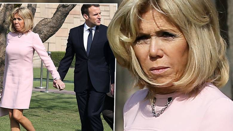 Emmanuel Macron i Brigitte Macron boso w Nowym Delhi w Indiach
